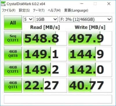 crystaldiskmark SAMSUNG T5外付けSSD 転送スピードUSB-C3.1Gen2